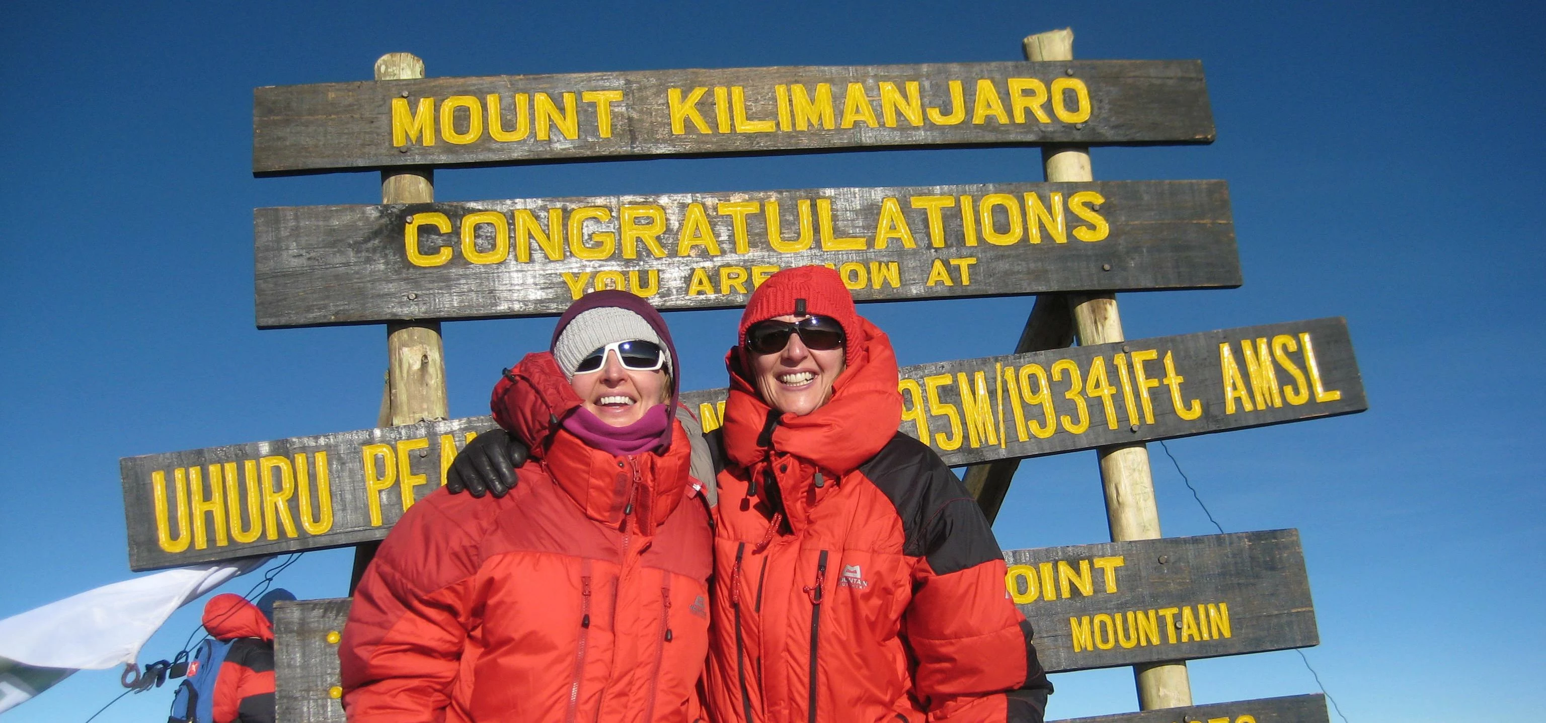 Sally Butt (left) and Sue Alderson at the peak of Kilimanjaro 