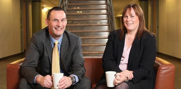 Carl Ashley and Wendy Burton-Webster of Cambridge & Counties Bank at Sheffield’s Quadrant
