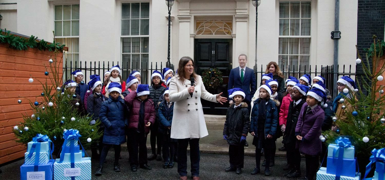 Michelle Ovens speaking at last year's Small Business Saturday Christmas Fayre in Downing Street