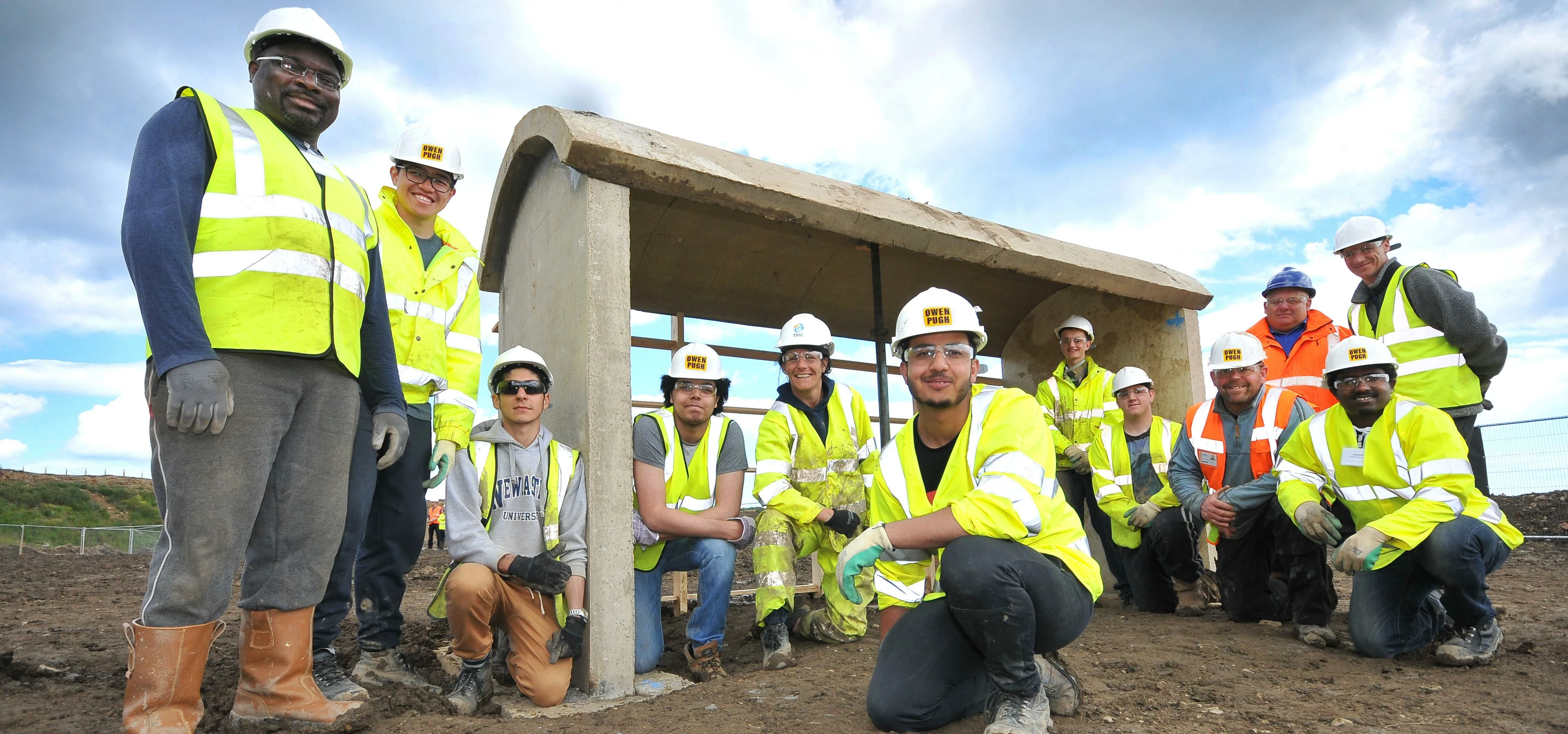 Students with their finished structure at Constructionarium