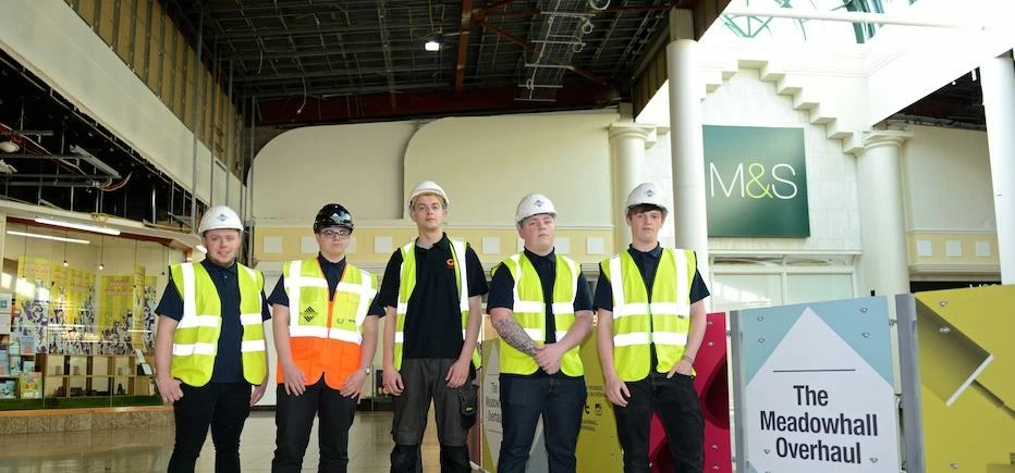 New recruit apprentices on site at Meadowhall for the £60m refurbishment.