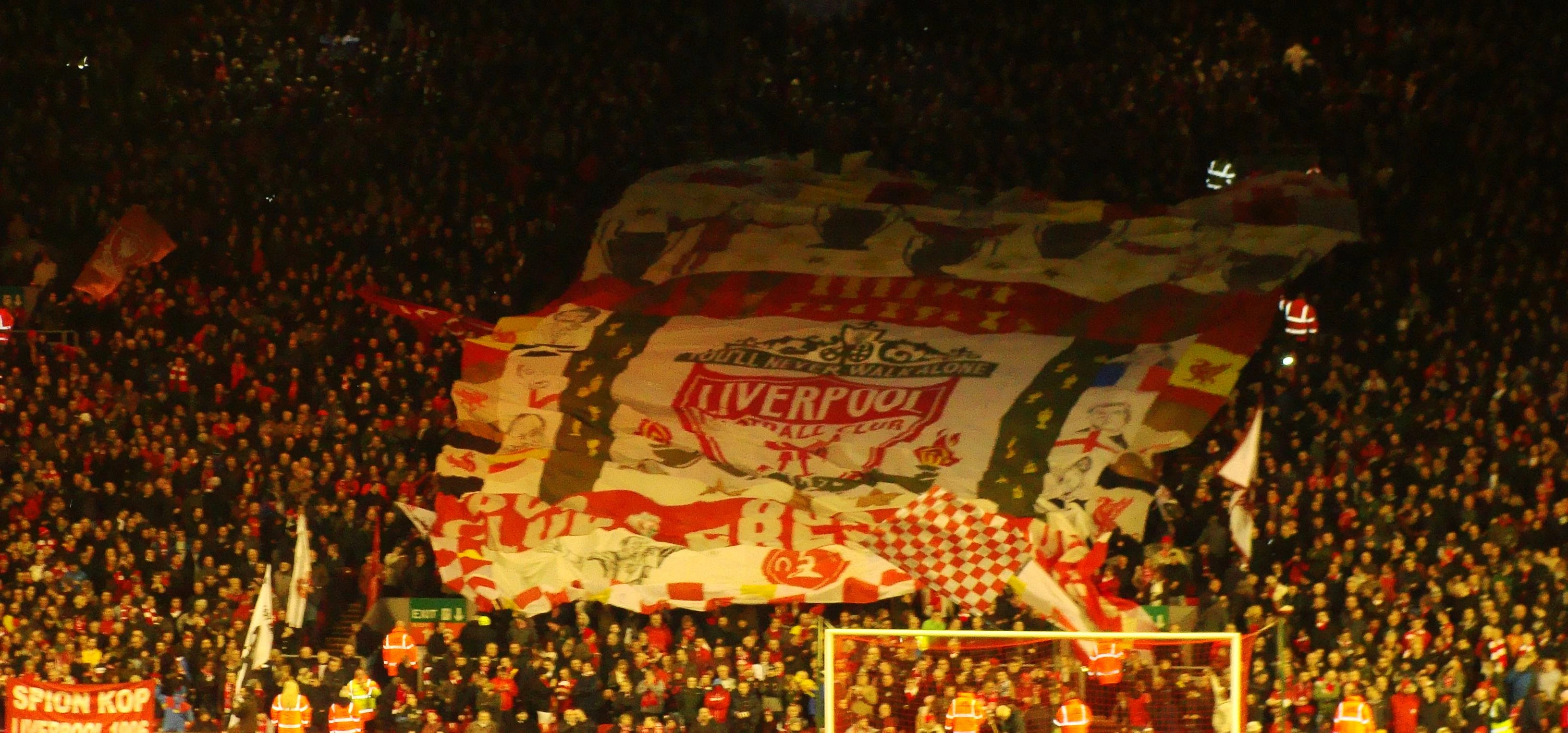 The Liverpool crest banner at the Kop, Anfield