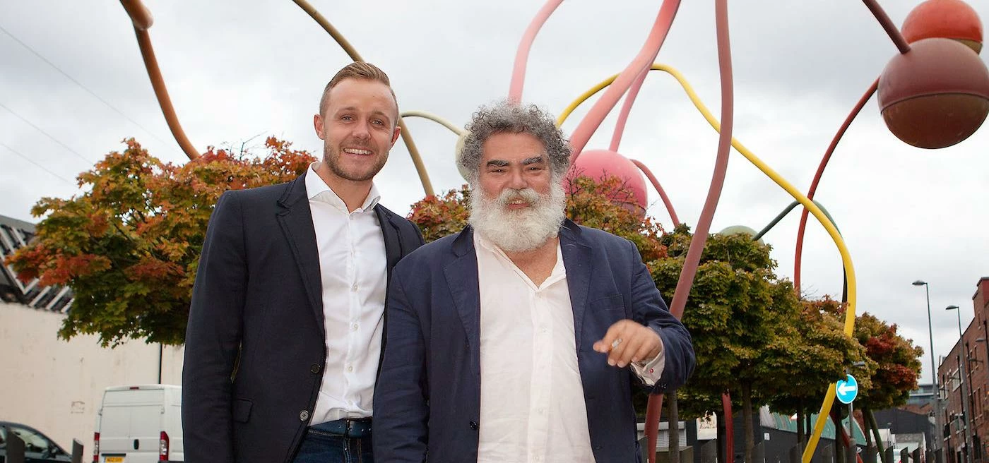 Elliot Lawless (left) with Jorge Pardo, standing in front of the Penelope sculpture