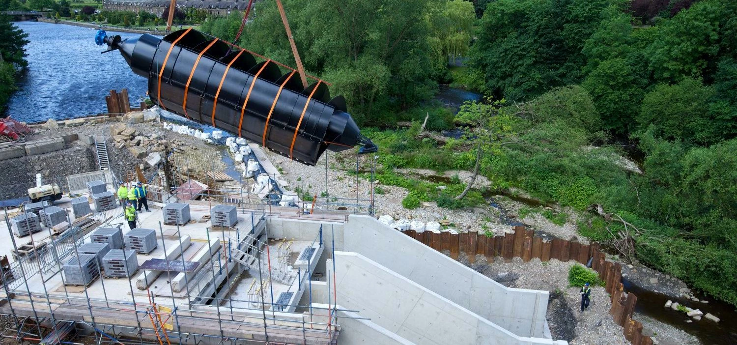 Milestone at Garnett Wharfe as huge Archimedes screws are lifted into place at hydroelectric turbine