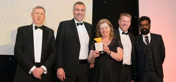 Pictured collecting the award from IMHX event director, Rob Fisher (far left) and Romesh Ranganathan