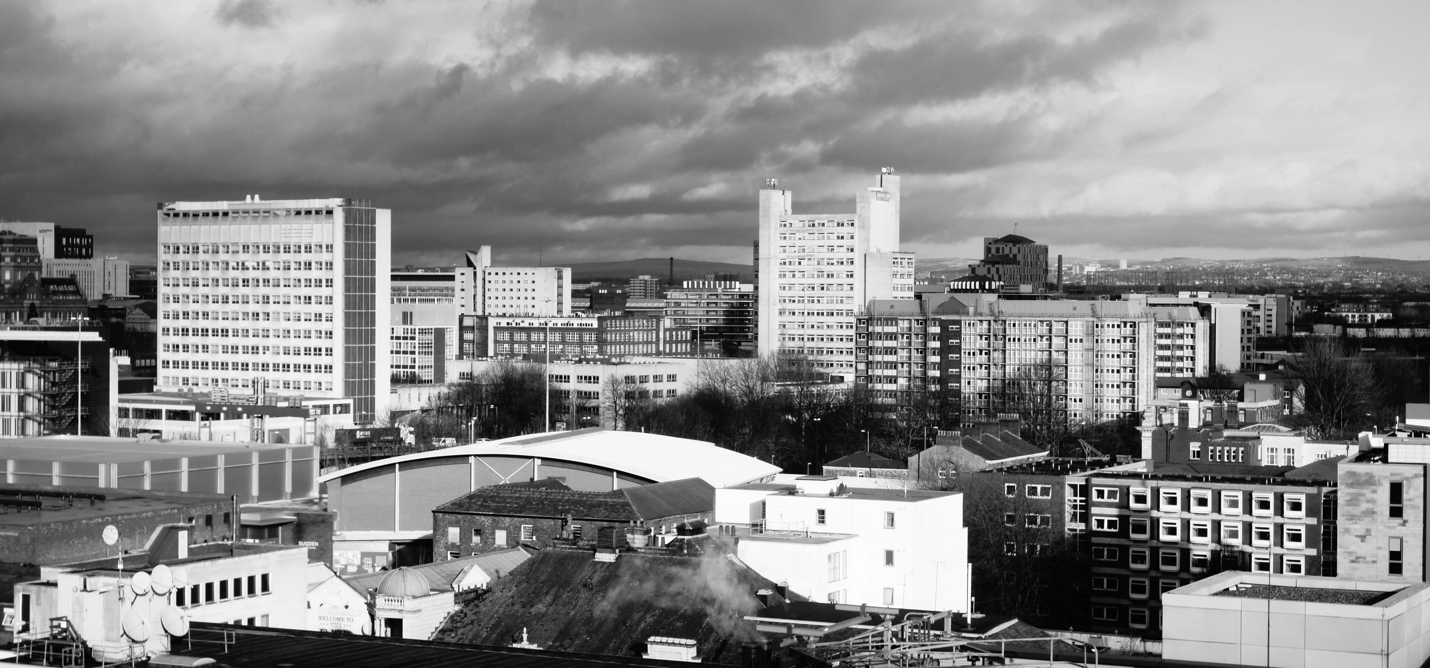 Manchester city view from Chatham tower with dramatic sky