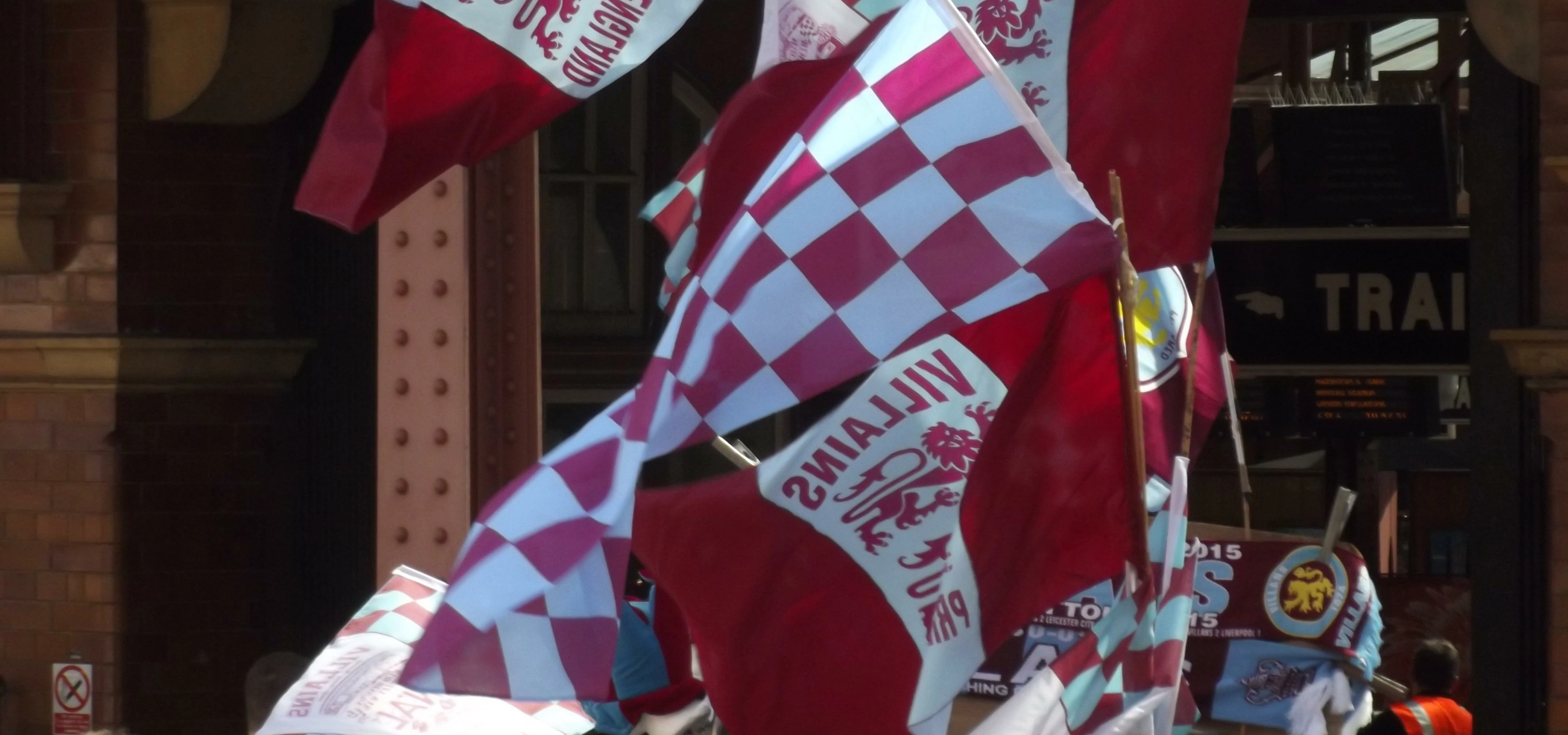 Aston Villa - FA Cup Final 2015 day - flags outside Birmingham Moor Street Station