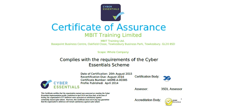MBIT Training Ltd IASME Cyber Essentials certificate