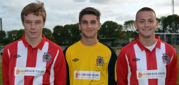 St Helens Town AFC’s Tom Barton (U18s), Rory Crowther (U18s) and James Rushton-Woods (U21s) in brand