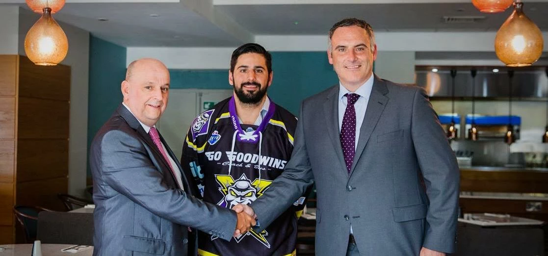 Best Western Cresta Court general manager, Paul Hindley, with Manchester Storm coach Omar Pacha and 