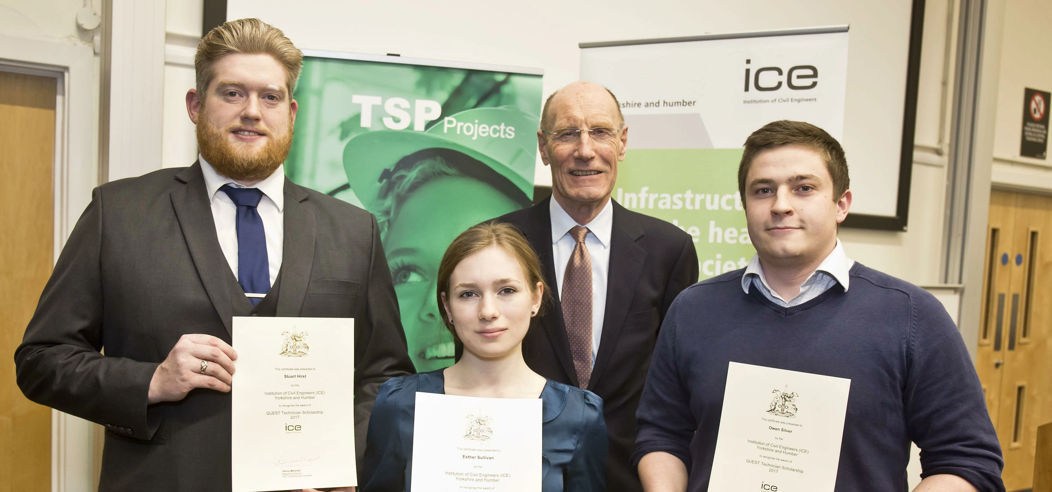 ICE QUEST Technician Scholarship winners Stuart Hirst, Esther Sullivan and Owen Silver with Sir John