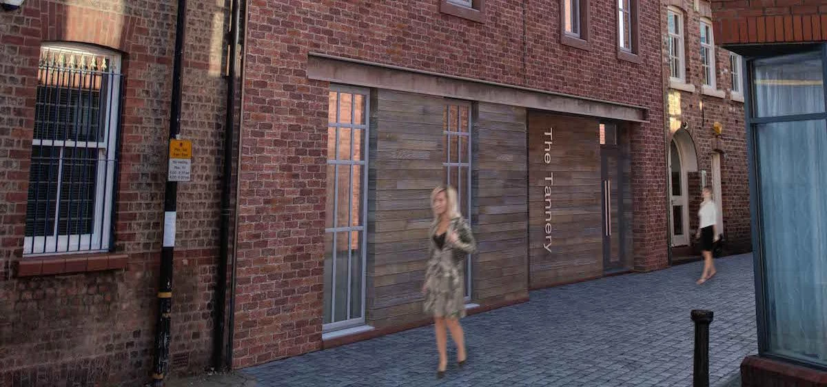 A CGI of The Tannery's ground-level exterior