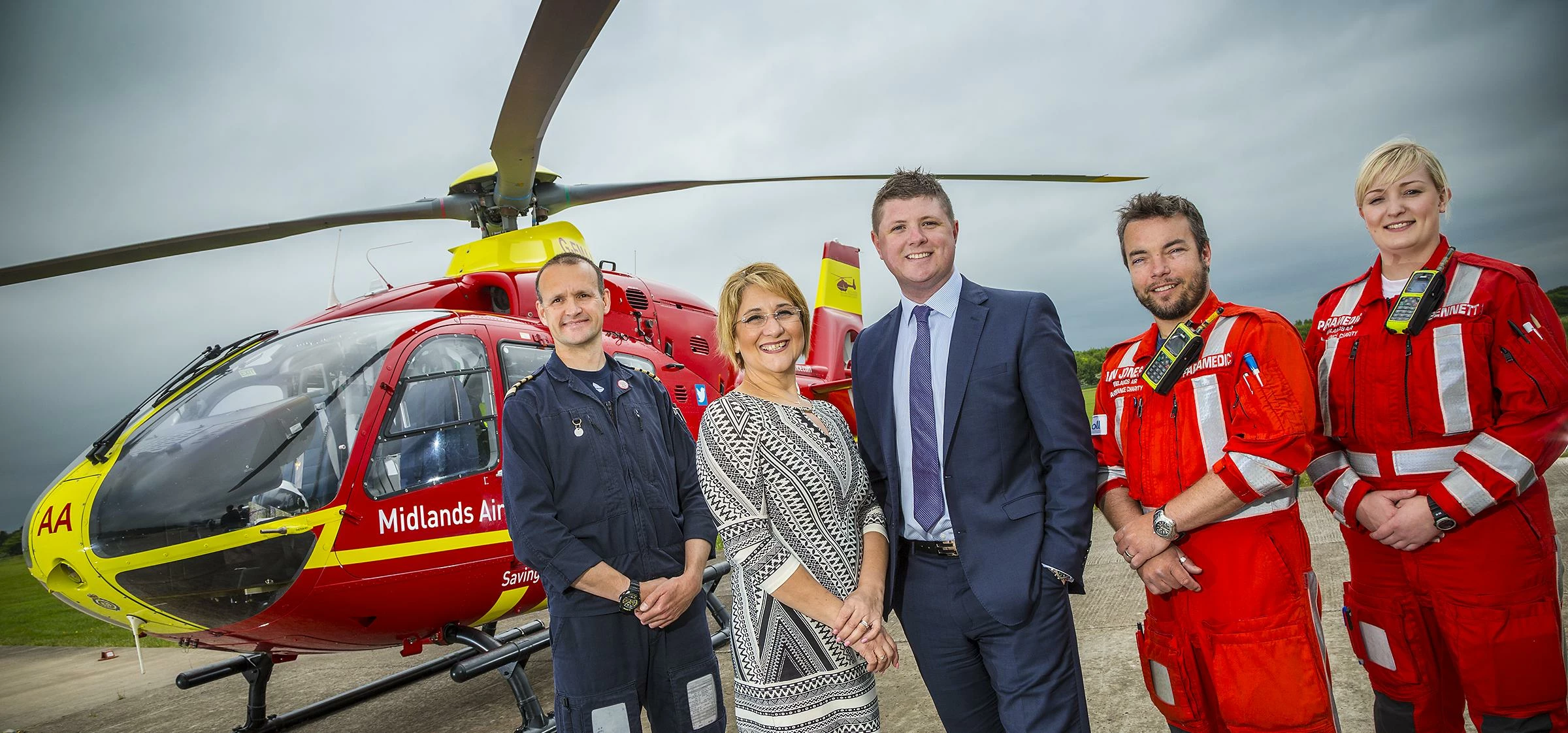 Left to right Chris Levy – Midlands Air Ambulance Charity pilot, Sofia Voutianitis- corporate partne