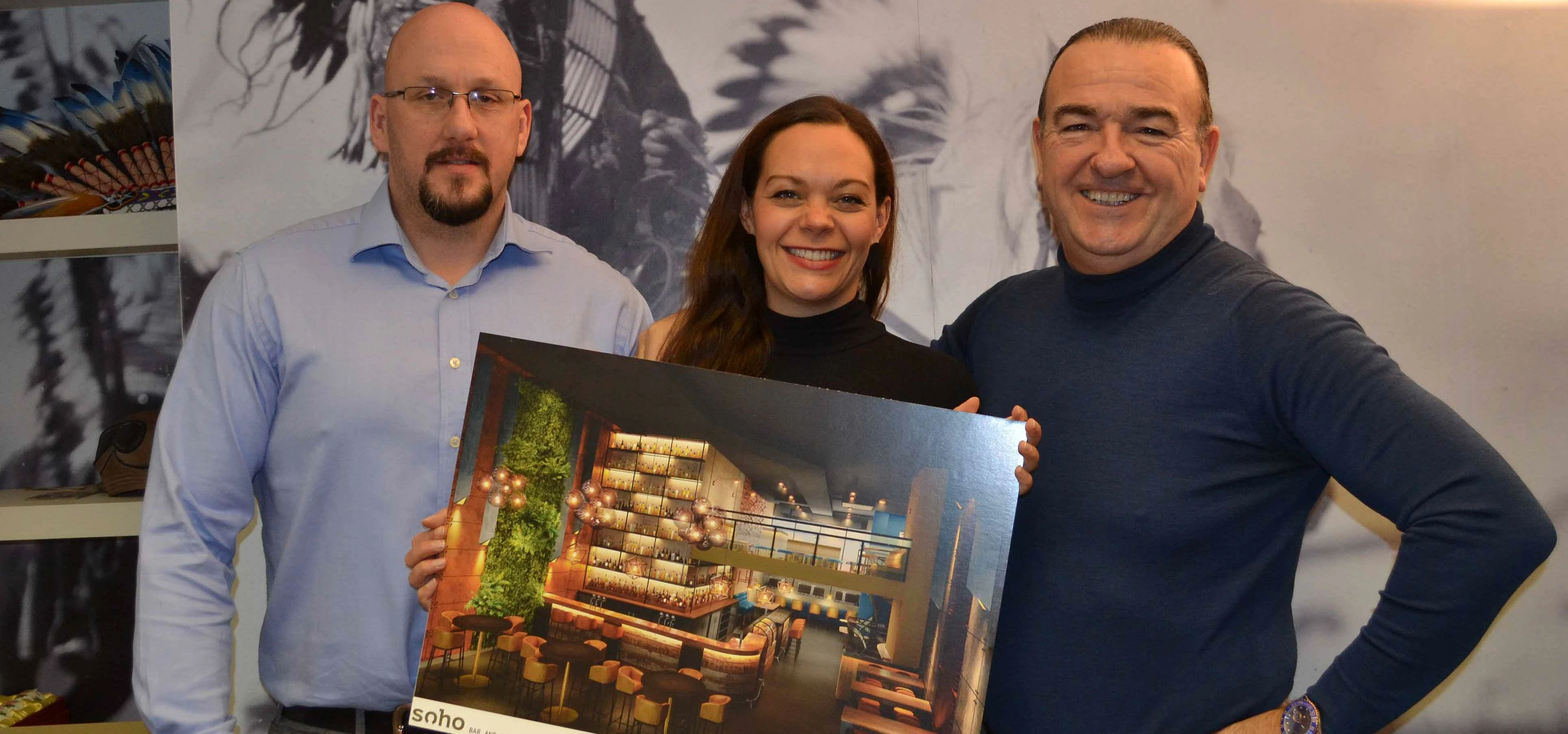 The Dakota design team with the original visual of Soho : (l to r) Michael Fleming, Architect, Terri