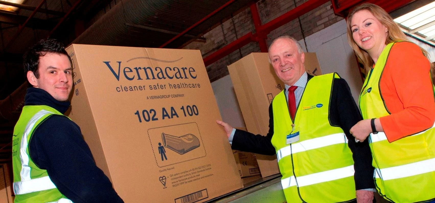 David Crausby MP (centre)  visits the Vernacare factory. He is pictured with Joe Fisher, Distributio