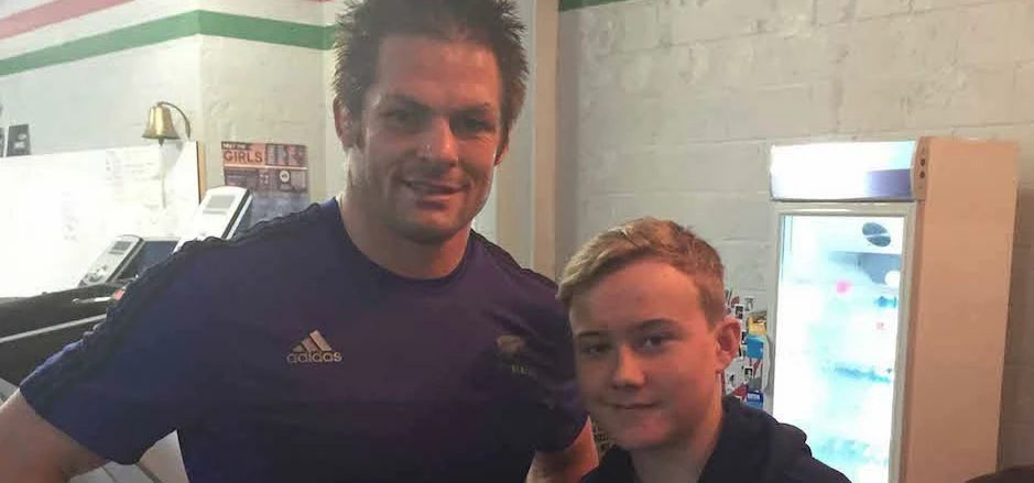 All Blacks captain Richie McCaw with Tom Bannatyne, son of CrossFit DL2 owner Joanne McCue Bannatyne