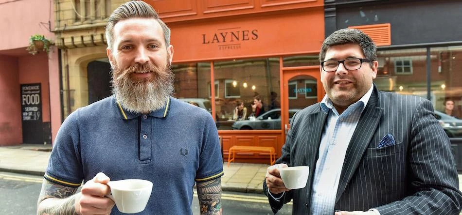 Laynes Espress owner Dave Olejnik outside his coffee shop with Gordons commercial property partner S