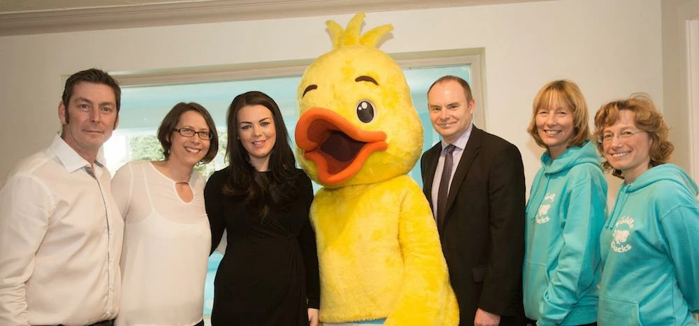 L-R: Gary Horton, Suzanne Horton, NatWest's Gemma Kirby, Puddle the Duck, NatWest's Peter Haykin, an