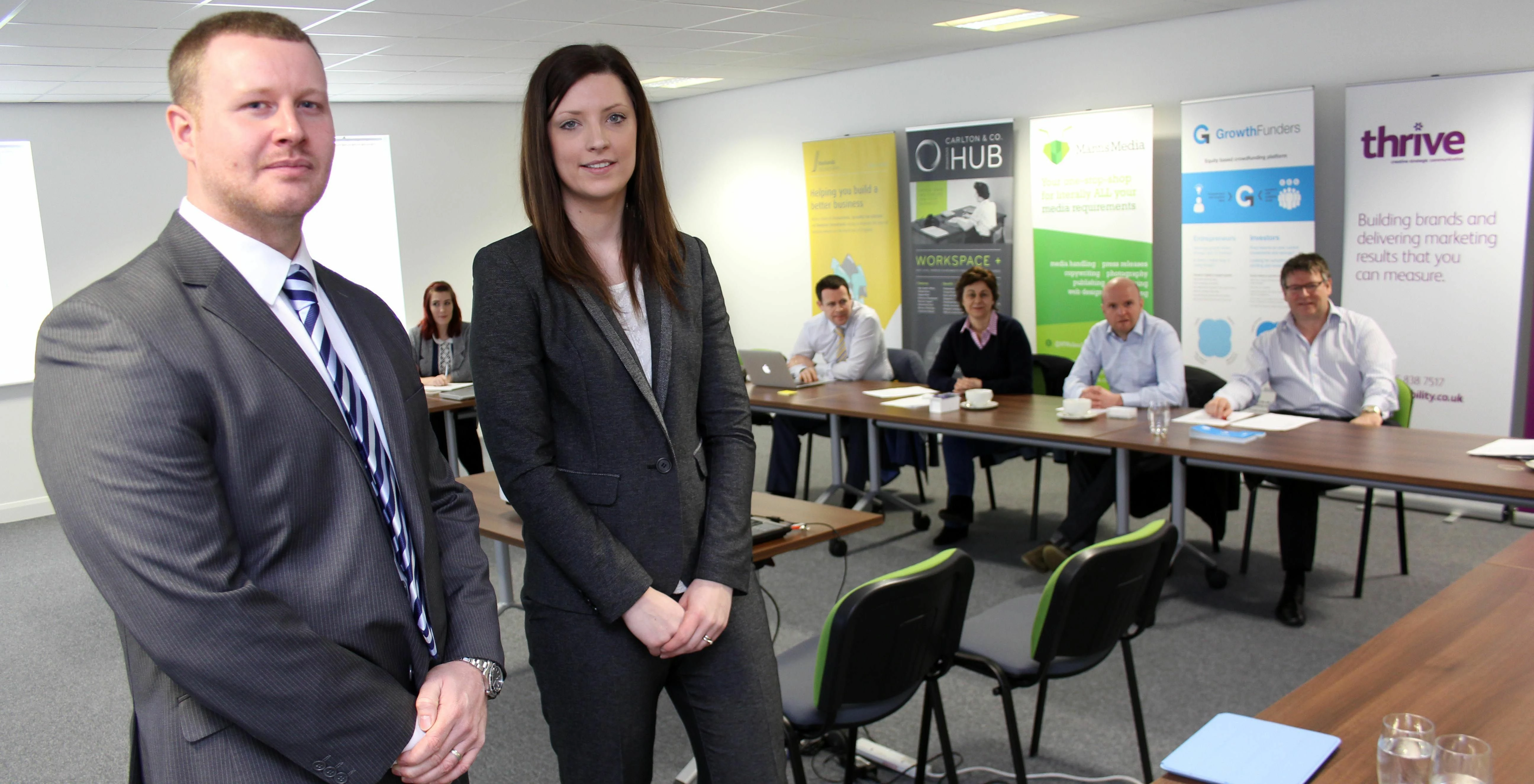 Phillip Pringle (left) and Clare Owen, from Durham-based Lostbox Ltd, in front of the HUB Partnershi