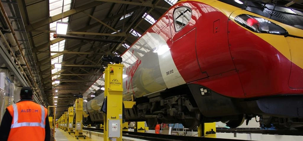 Mechan's jacks, similar to the one on show at Railtex, in action at Alstom's Longsight depot in Manc