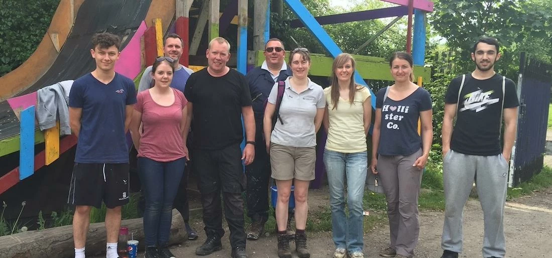 Staff at Christeyns who volunteered to help repair the Big Swing Adventure Playgound.  L to R: Liam 