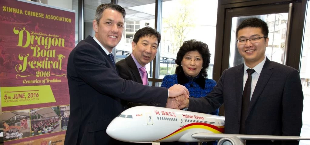 L-R: Stephen Turner of Manchester Airport with Dr Yanzhong Xu and Ms Xuebing Li, both of the XCA, an