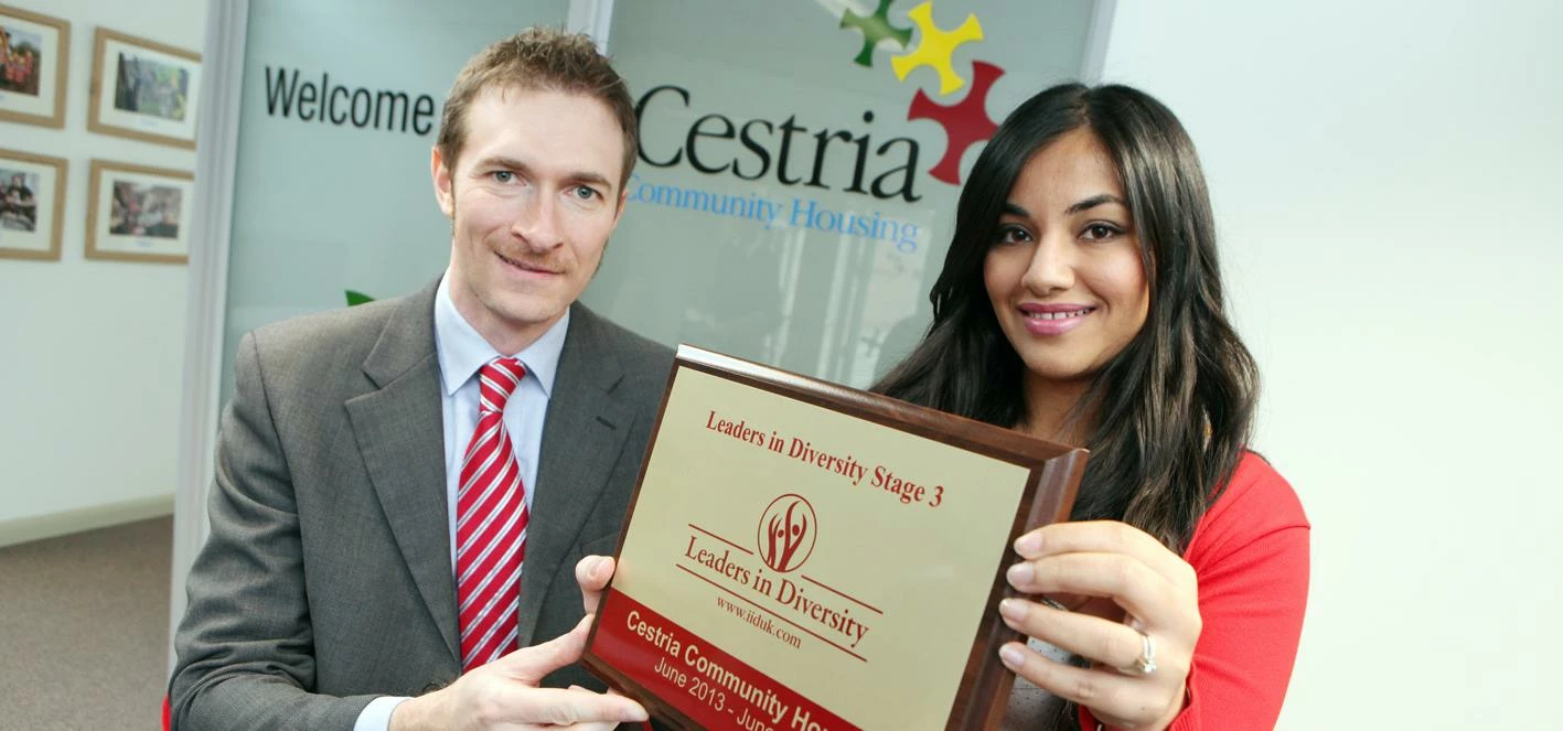 Cestria Programme Manager Arshia Bhatti and Managing Director Martin Warhurst, pictured receiving Ce
