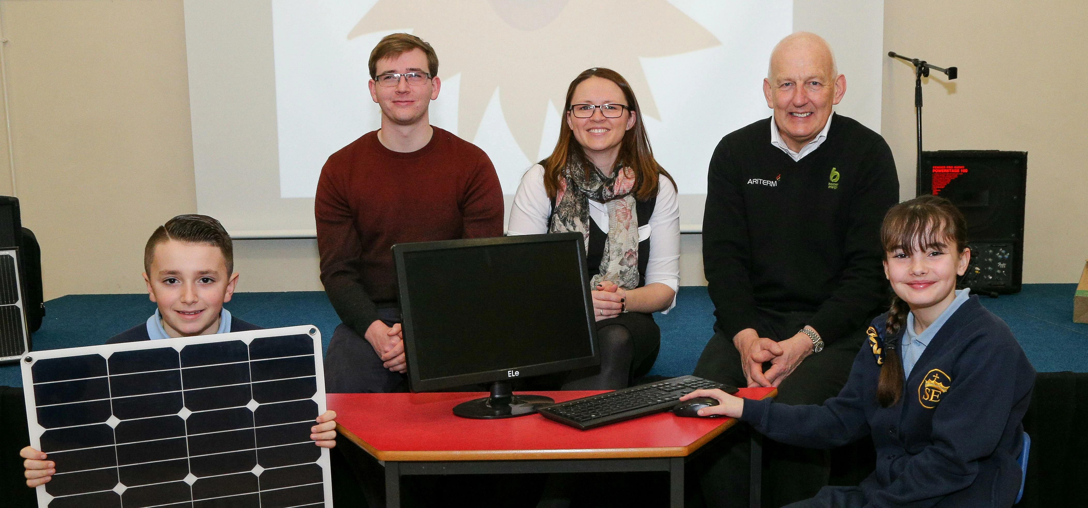 Unveiling a new solar-powered PC at St Elizabeth’s School in Litherland with (l-r) Andrew Morris, en