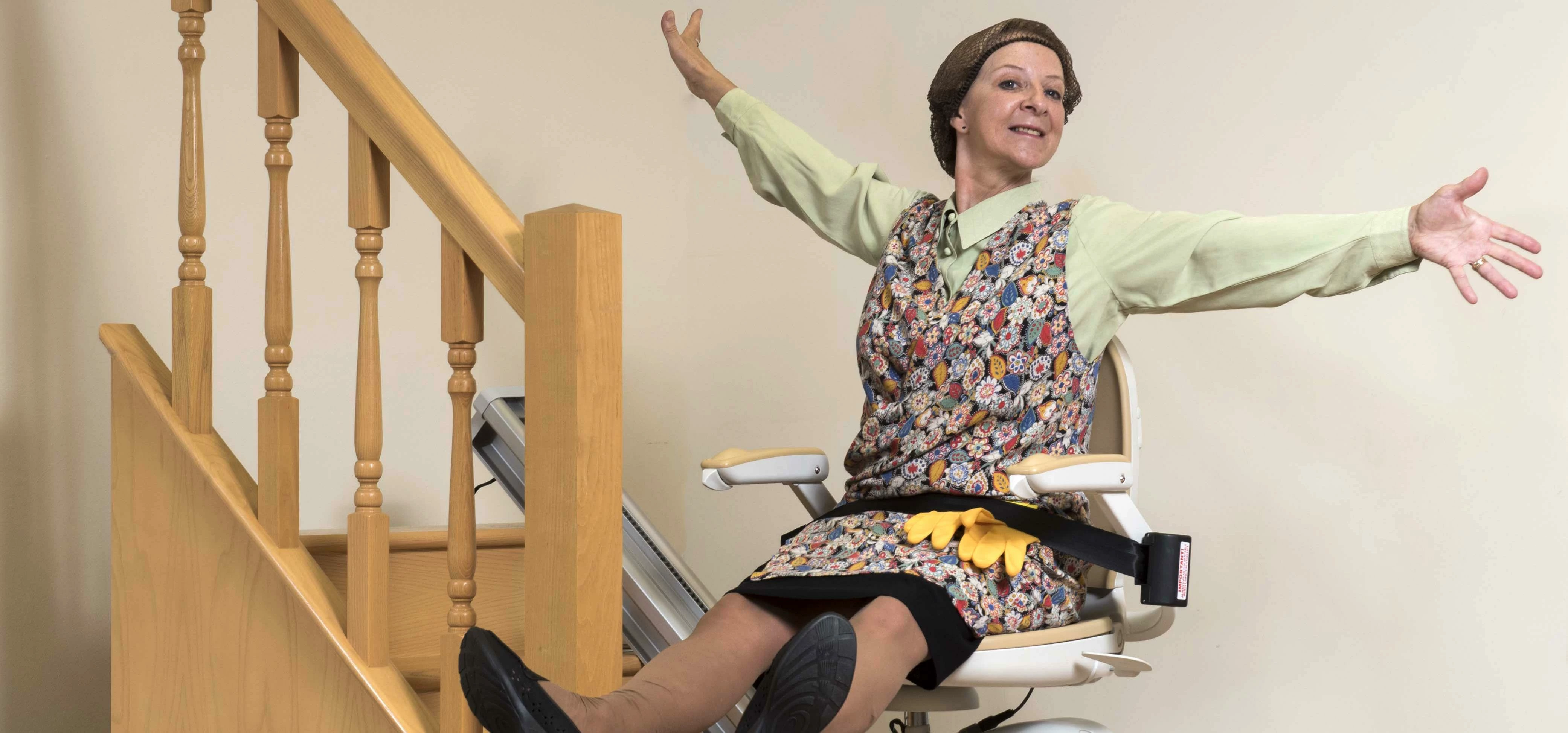 Gilly Roger as Mrs Overall on Acorn Stairlift