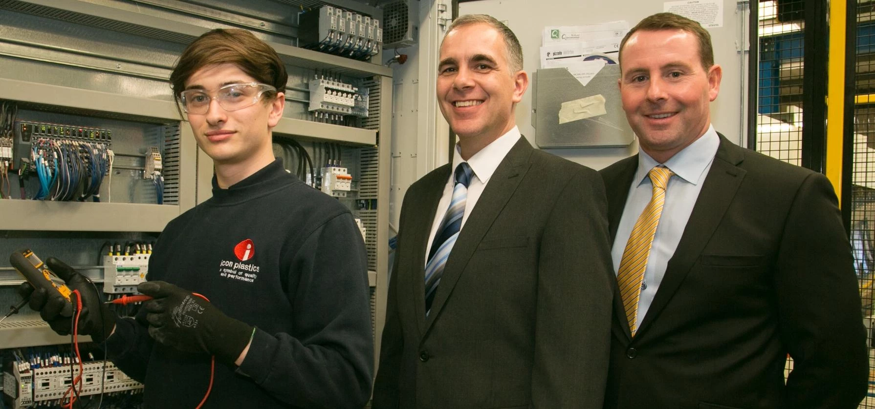 Icon Plastics apprentice Tom Walsh with Operations Director Phil Walker and Managing Director Gareth