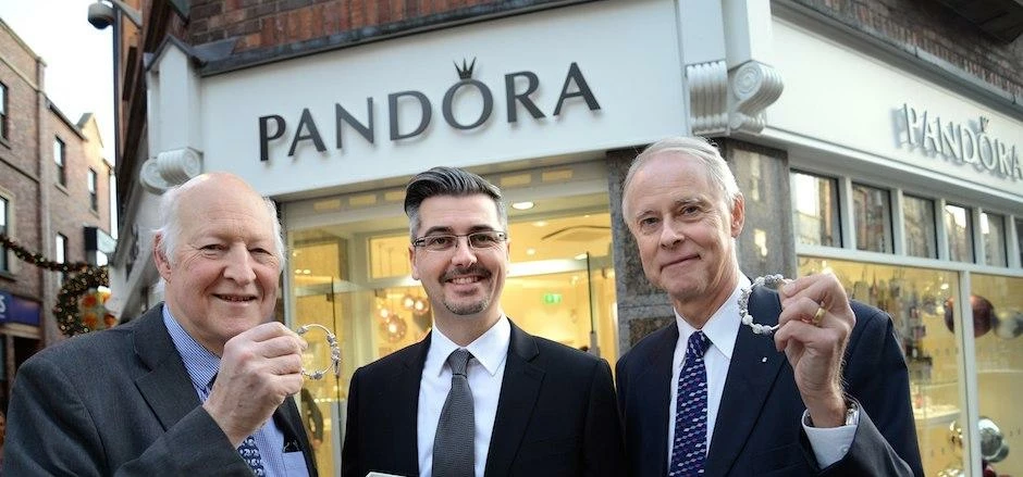 Peter Bramwell, Adam Wood and Bill Bramwell at the Pandora store, Prince Bishops, Durham.
