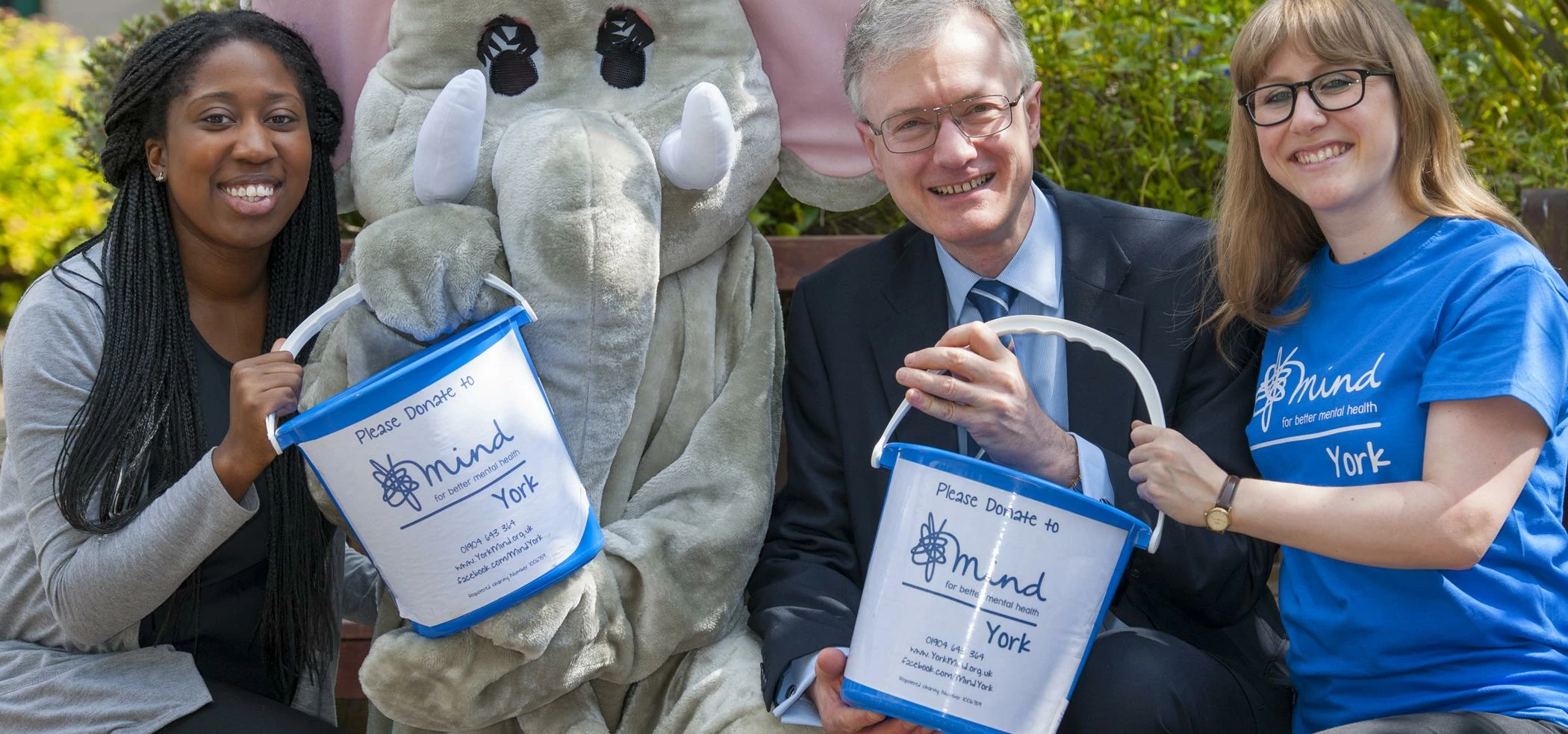 Sephiat Bolaji of Garbutt & Elliott, Edgar the Elephant (York Mind's mascot), Adrian Widdowson of Ga