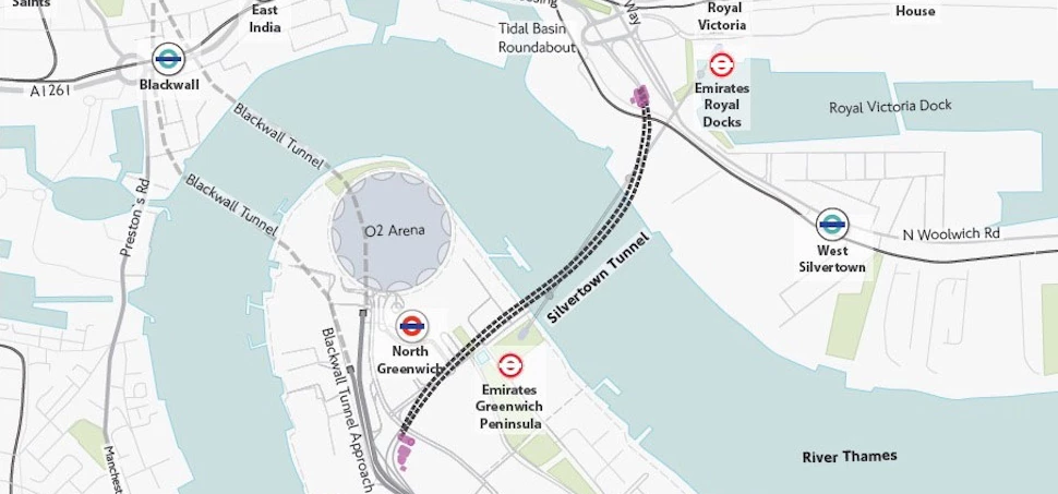 Map of the proposed Silvertown Tunnel development.