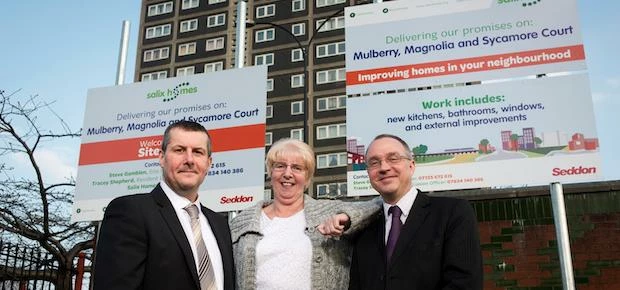 Pictured from left Simon Stott, contract manager at Seddon, Barbara Harper, chair of the Salix Homes