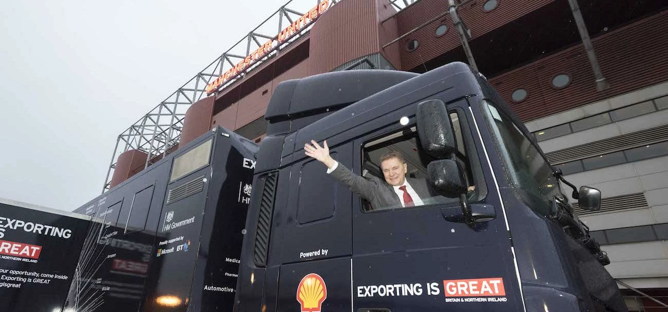 The Exporting is GREAT roadshow truck outside Old Trafford