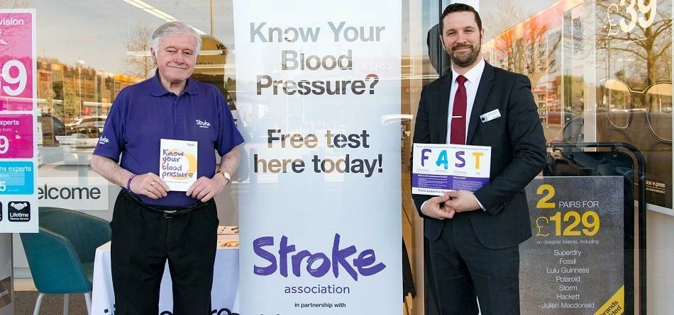 Stroke Association ambassador Barry Coppock with Vision Express Orpington store manager Aaron Moffat