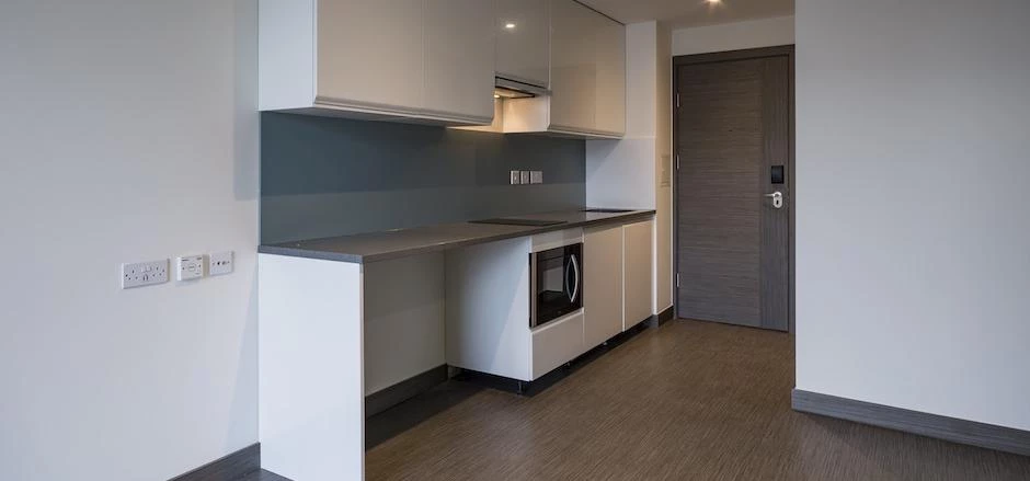 The kitchen area in the new student apartments at New Era Square.