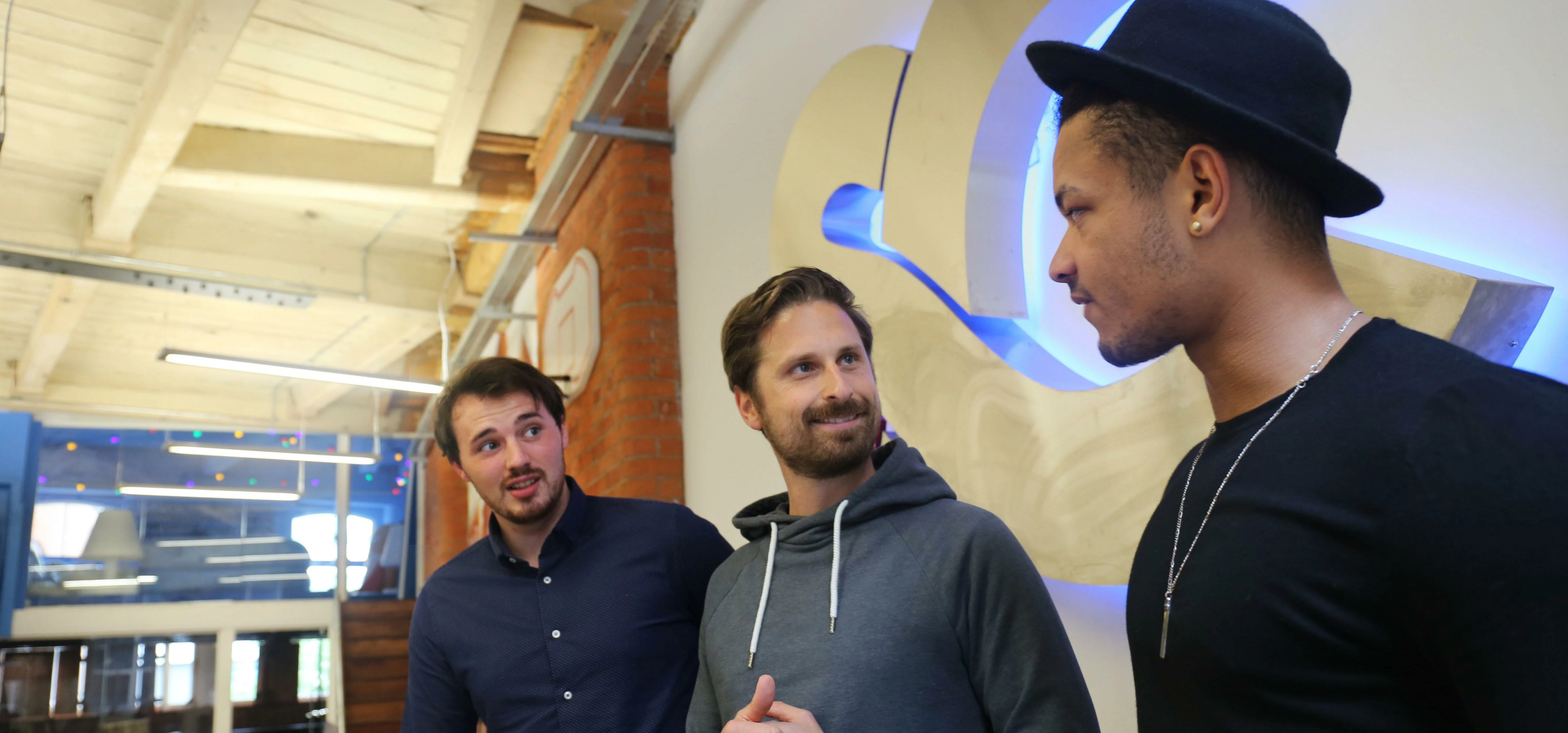 Co-founders Dominic and Steven with new hire Matthias Schmid, Social Chain HQ