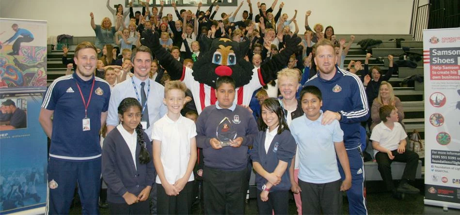 Winning pupils from Laygate Primary with Mortimer Community College and Foundation of Light staff