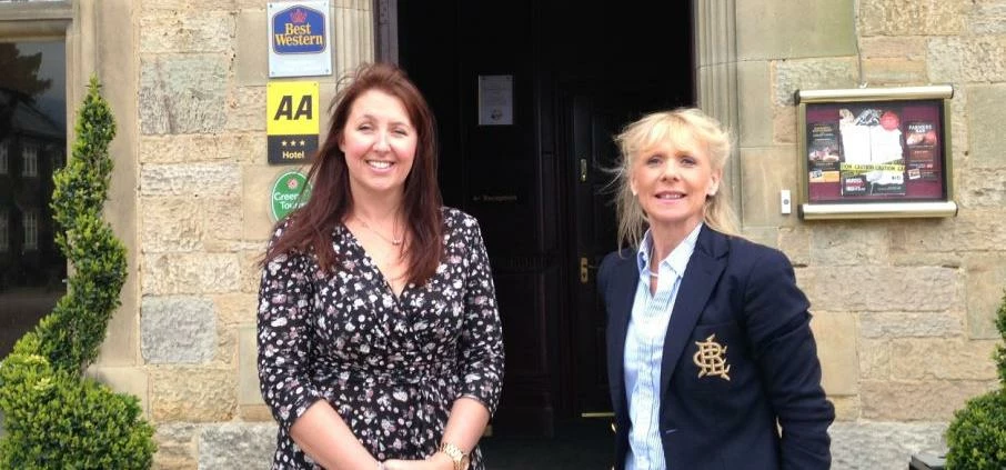 L-R Manager of Woolworth Castle, Rachel Swain, stands outside the Grade 1 listed building with Inter