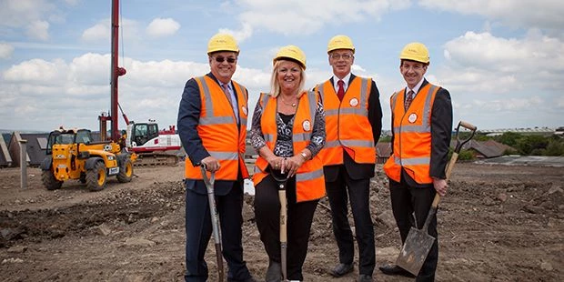 Care Manager Jill Kemp, (back left to right) LEP Board Chair Roger Marsh, Bradford Council leader Co