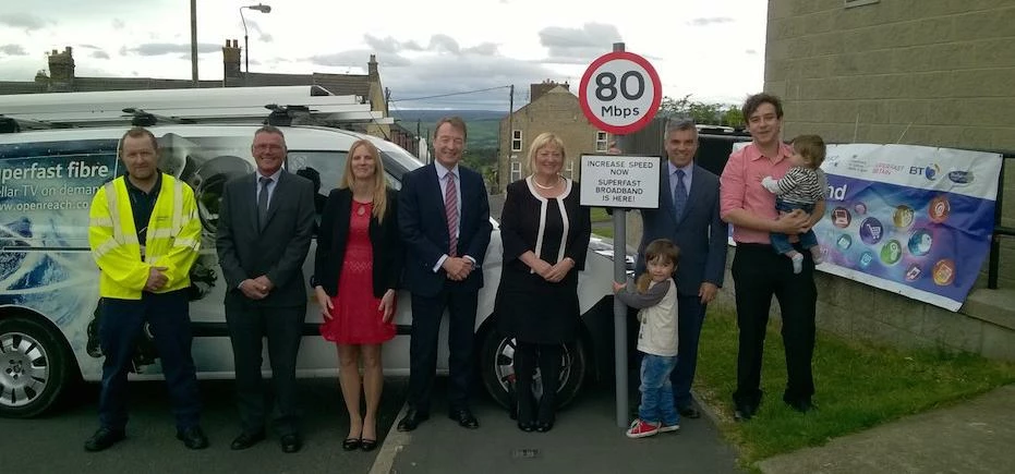 Representatives of BT, Durham County Council and Pat Glass, MP, celebrate the arrival of superfast b