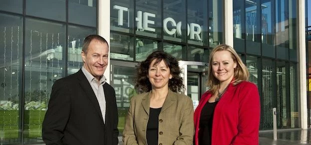 Left to Right Tony Brown, Anika  Roberts and Jo Cameron, outside The Core, Science Central.