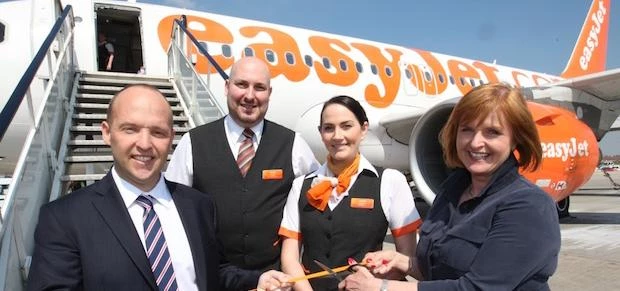 (L to R) LJLA’s Operations Director Colin Swaine, with easyJet Cabin Manager Simon Wallace,  Flight 