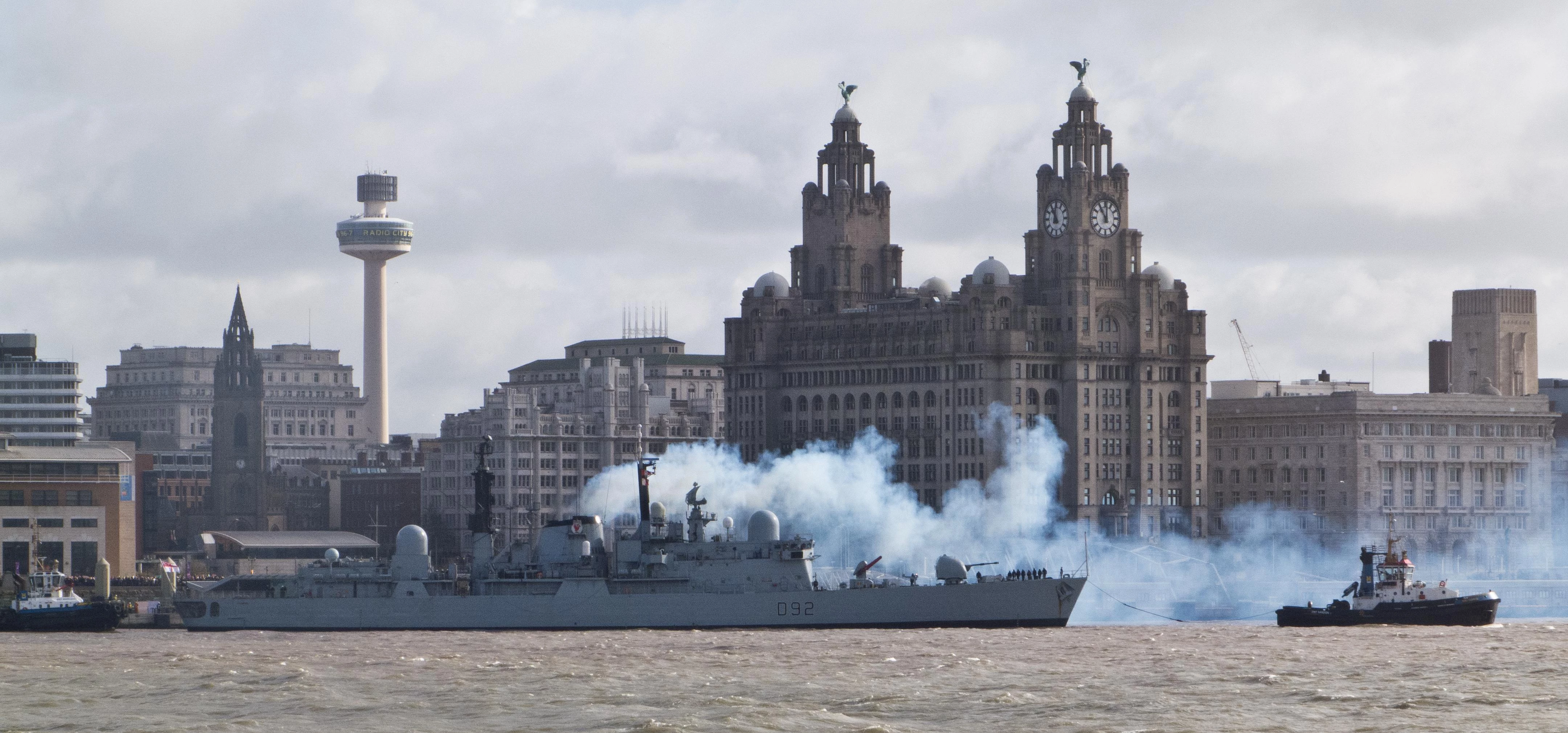 HMS Liverpool Passing the Liver Building