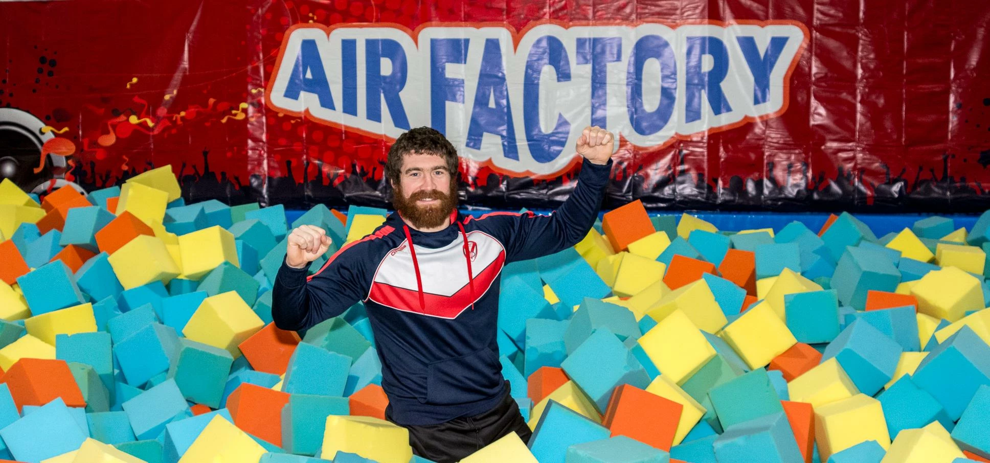 St Helen’s prop forward Kyle Amor celebrates his new sponsorship by Air Factory trampoline park