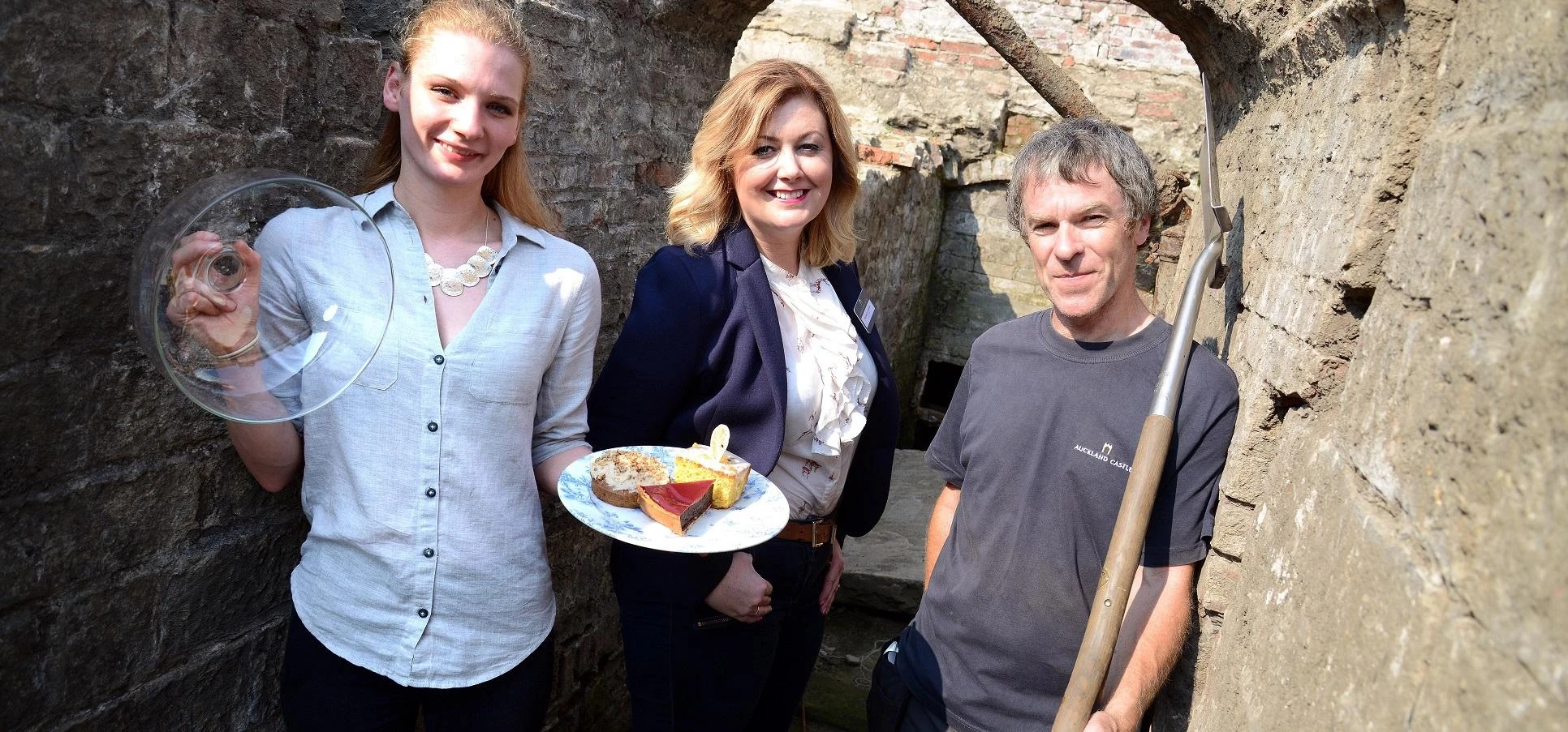 Charlotte Walton, Rebecca Coates and Ian Legge of Auckland Castle Trust in the Walled Garden.