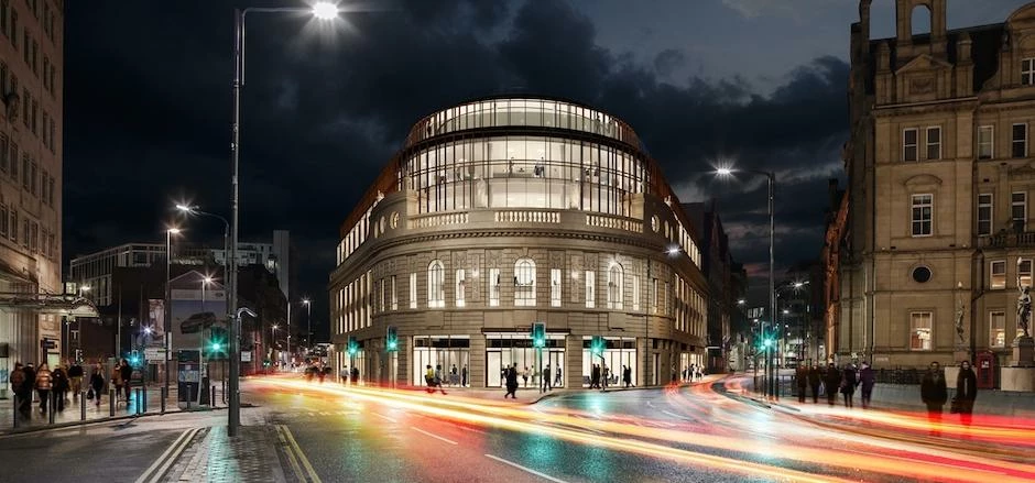CGI of the transformation of the Majestic in Leeds city centre into a new office development.