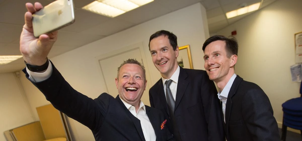 The founders of Zeal Creative, Stewart Hilton and Robert White (L-R), with George Osborne (centre)