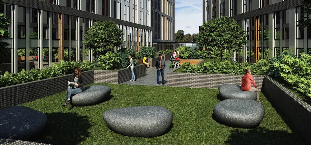 A CGI of the Castlefield development's garden area